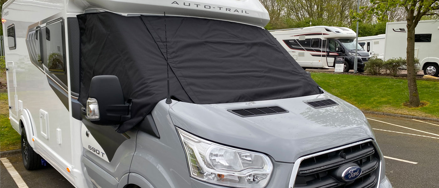 Ford Transit based motorhome fitted with a Black Thermal wrap around windscreen cover