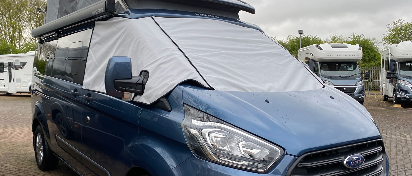 Ford Transit Westfalia Campervan fitted with a Light Grey Standard wrap around windscreen cover